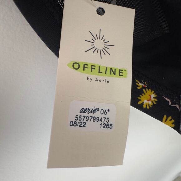 Aerie Offline Goals Plunge Sports Bra True Black Floral Mesh Back Strappy Active - Picture 9 of 15